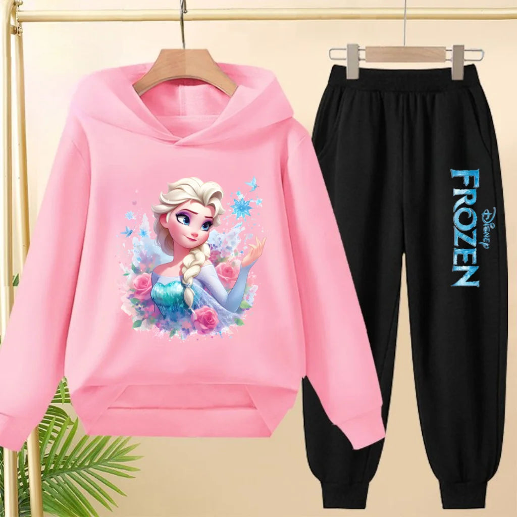 kids Kawaii Elsa Anima Film Pink Hoodies Boys Girls Casual Sweatshirt+Pants 3-12 Years Fashion Top Tracksuit Frozen Set Clothing