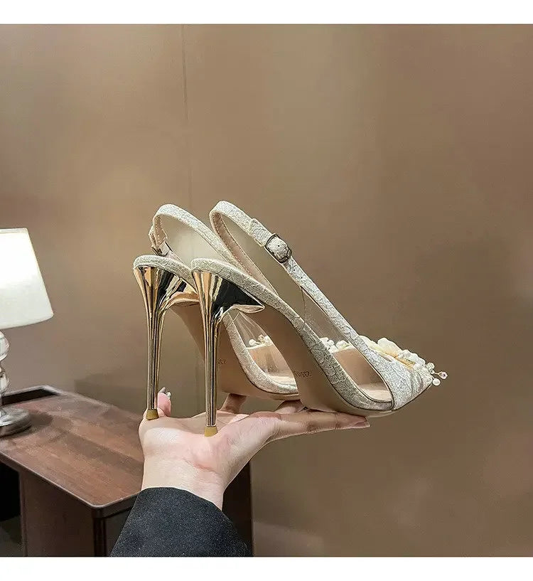 French Bride Gold Wedding Shoes for women Thin Heel Pointed Shallow Mouth Flower Rhinodrill High Heels Bao Head Fashion Sandals