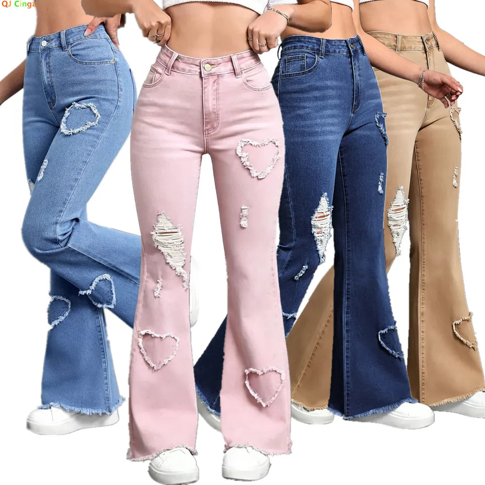 2026 Spring New Arrival Women's Pink Jeans, Blue Heart-Pattern Decorated Stretch Denim Trousers, Fashionable Flared Long Pants.