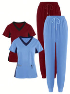 (4-piece Set)Scrubs Uniform Women's Jogging Brushed Elastic Sport Nurse Medical Uniform Scrub Top Work Suit Breathable Scrub Set
