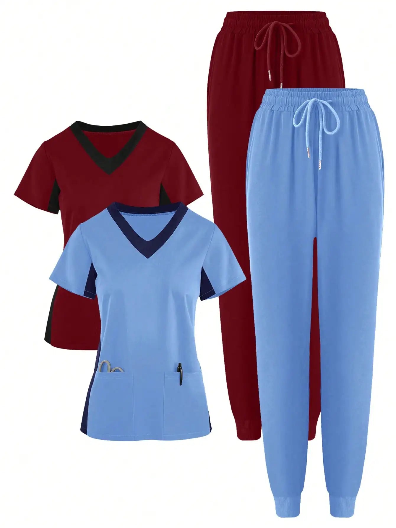 (4-piece Set)Scrubs Uniform Women's Jogging Brushed Elastic Sport Nurse Medical Uniform Scrub Top Work Suit Breathable Scrub Set