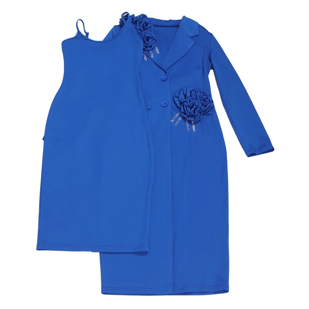 Women Dress 2 Piece Blazer Set Elegant Rhinestone 3D Flower Long Sleeve Coat Bodycon Midi Slip Dress Church Suit for Office Wear