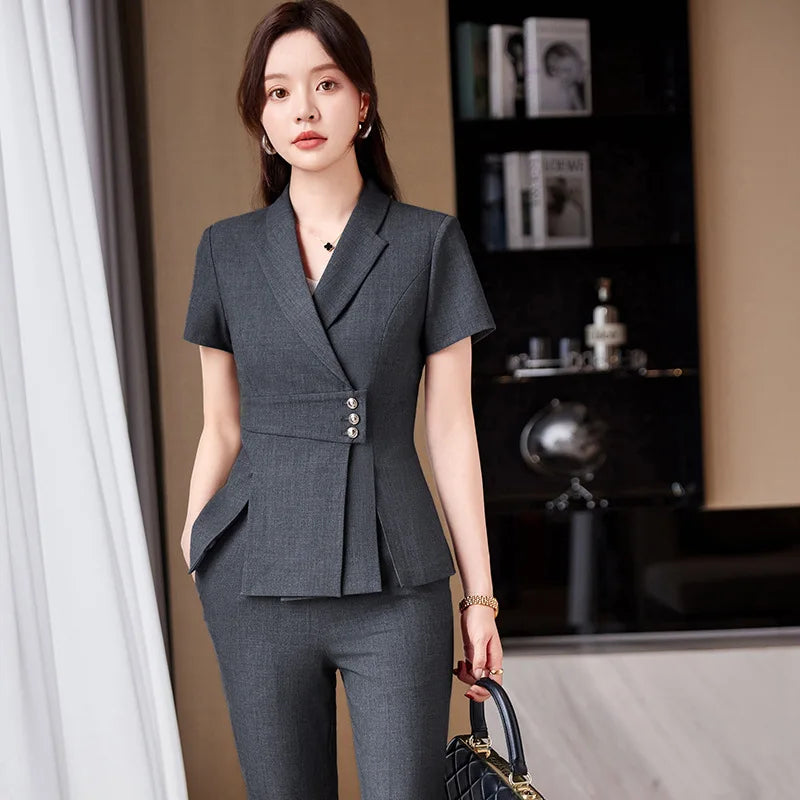 Summer Fabric Professional Women Business Suit with Pants and Jackets Coat Pantsuits Blazers Ladies Work Wear Trousers Set