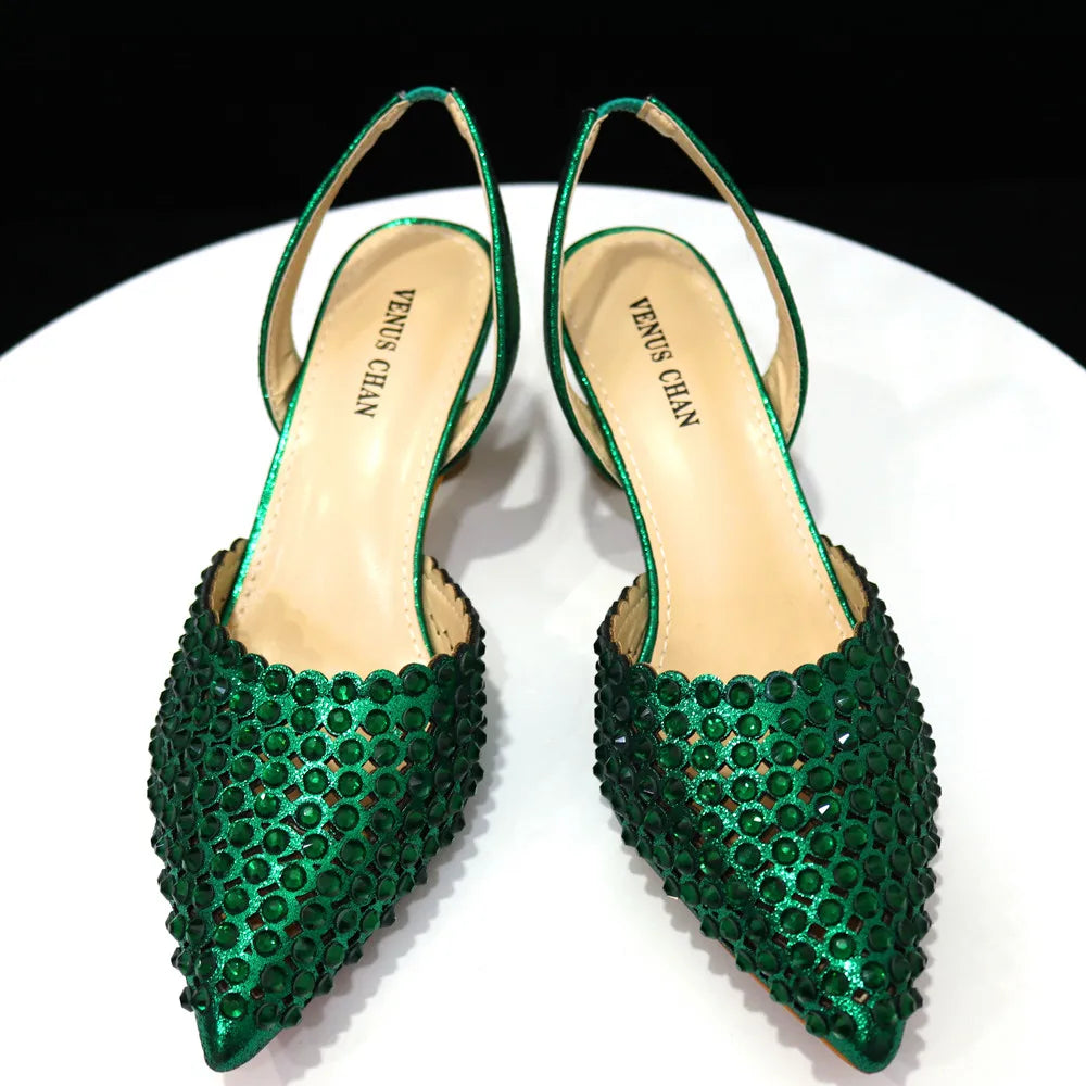 Venus Chan Pointed Toe Heels for Women 2023 Elegant Party Wine Color Full Diamond Pumps Italian Shoes and Bags Matching Set