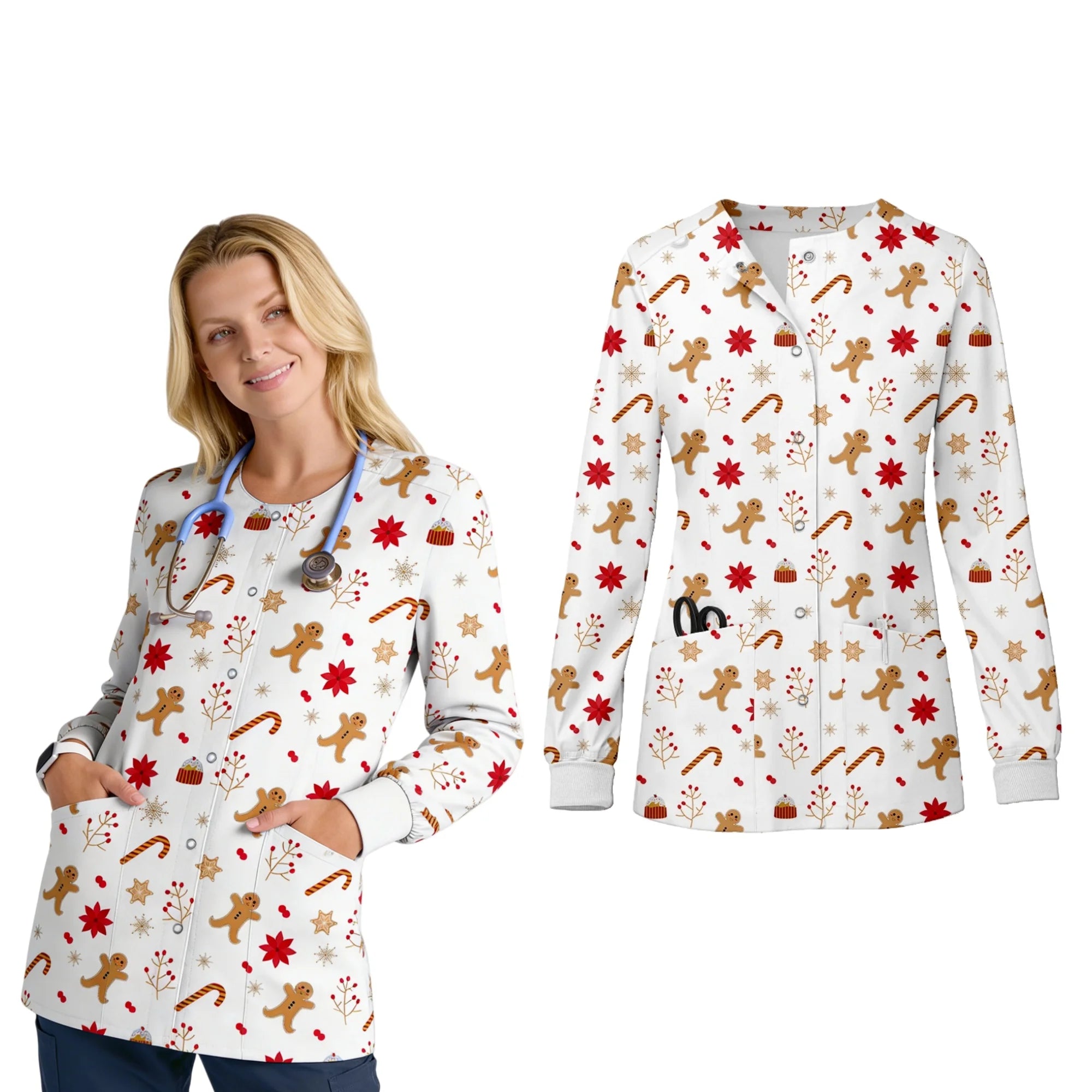Women O-Neck Nursing Spa Scrub Uniforms Printed Scrubs Top Cartoon Medical Uniform Stretch Scrubs Top Long Sleeve Medicale Femme