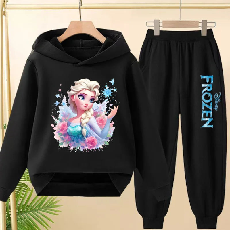 kids Kawaii Elsa Anima Film Pink Hoodies Boys Girls Casual Sweatshirt+Pants 3-12 Years Fashion Top Tracksuit Frozen Set Clothing