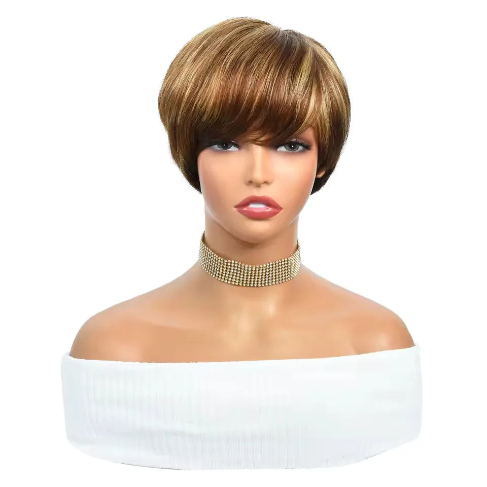Highlight Wig Human Hair Short Pixie Cut Highlighted Human Hair Wigs for Women 4/27# Colored Machine Made Wigs  Layered Wavy Wig