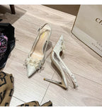 French Bride Gold Wedding Shoes for women Thin Heel Pointed Shallow Mouth Flower Rhinodrill High Heels Bao Head Fashion Sandals