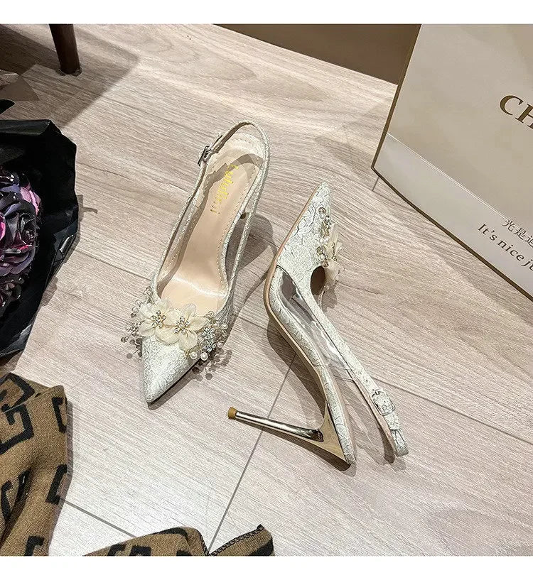 French Bride Gold Wedding Shoes for women Thin Heel Pointed Shallow Mouth Flower Rhinodrill High Heels Bao Head Fashion Sandals