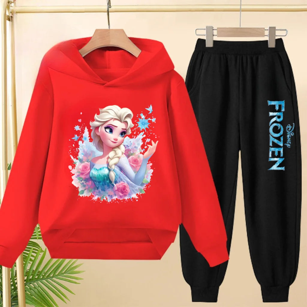 kids Kawaii Elsa Anima Film Pink Hoodies Boys Girls Casual Sweatshirt+Pants 3-12 Years Fashion Top Tracksuit Frozen Set Clothing