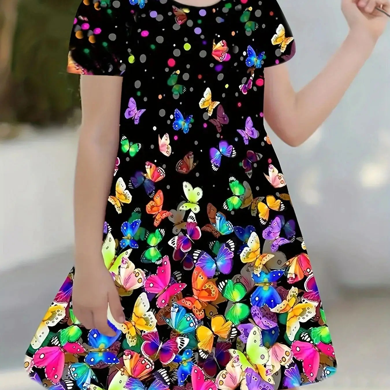 3-14 year old girl butterfly small fresh 3D printed short sleeved dress loose and comfortable party dress
