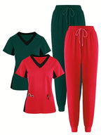 (4-piece Set)Scrubs Uniform Women's Jogging Brushed Elastic Sport Nurse Medical Uniform Scrub Top Work Suit Breathable Scrub Set