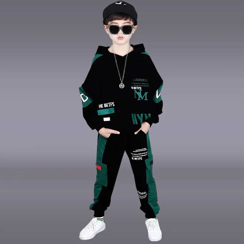 2025 autumn winter children Boy Clothes Teenager tracksuit letters Hooded Top Shirts Sweatshirt + Ankle-tie Pant 8 10 11 12 year