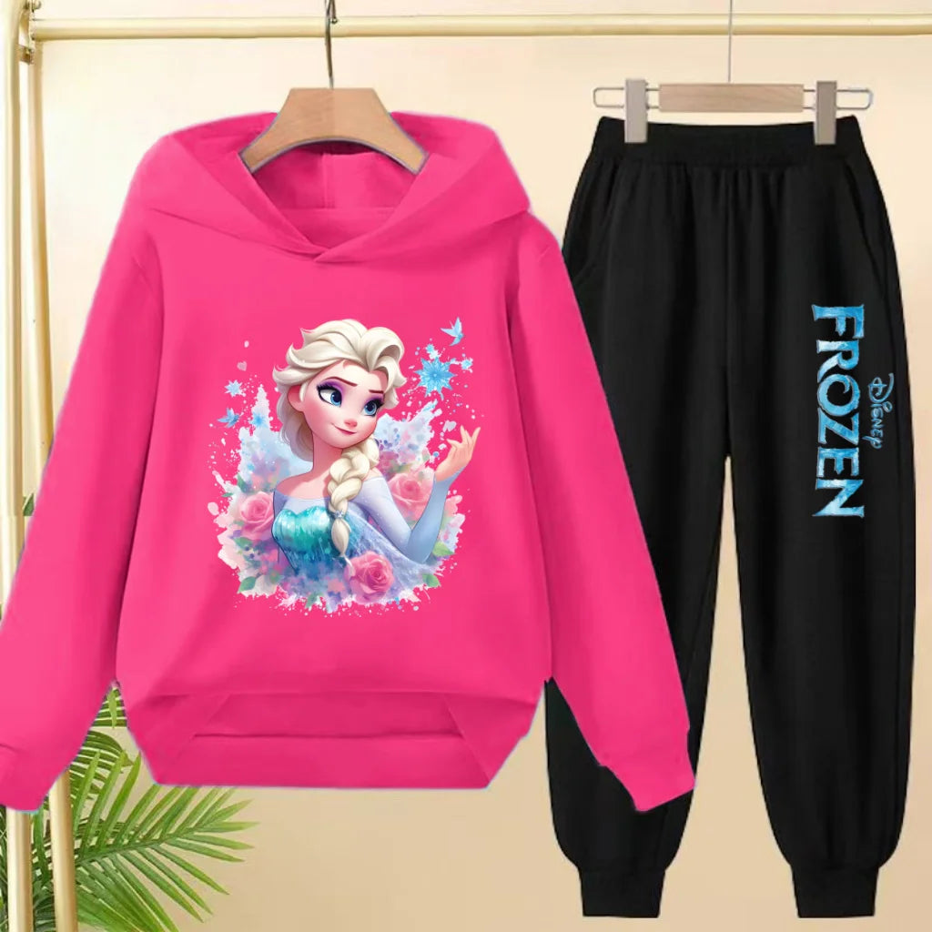 kids Kawaii Elsa Anima Film Pink Hoodies Boys Girls Casual Sweatshirt+Pants 3-12 Years Fashion Top Tracksuit Frozen Set Clothing