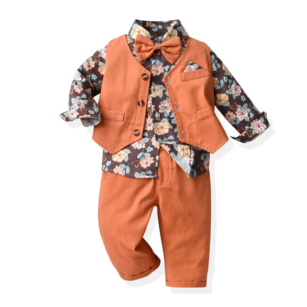 Children's Autumn Boy Suit 70-140cm Flower Shirt and Strap Pants with Vest and Bow Tie Handsome Suit Halloween Orange Color