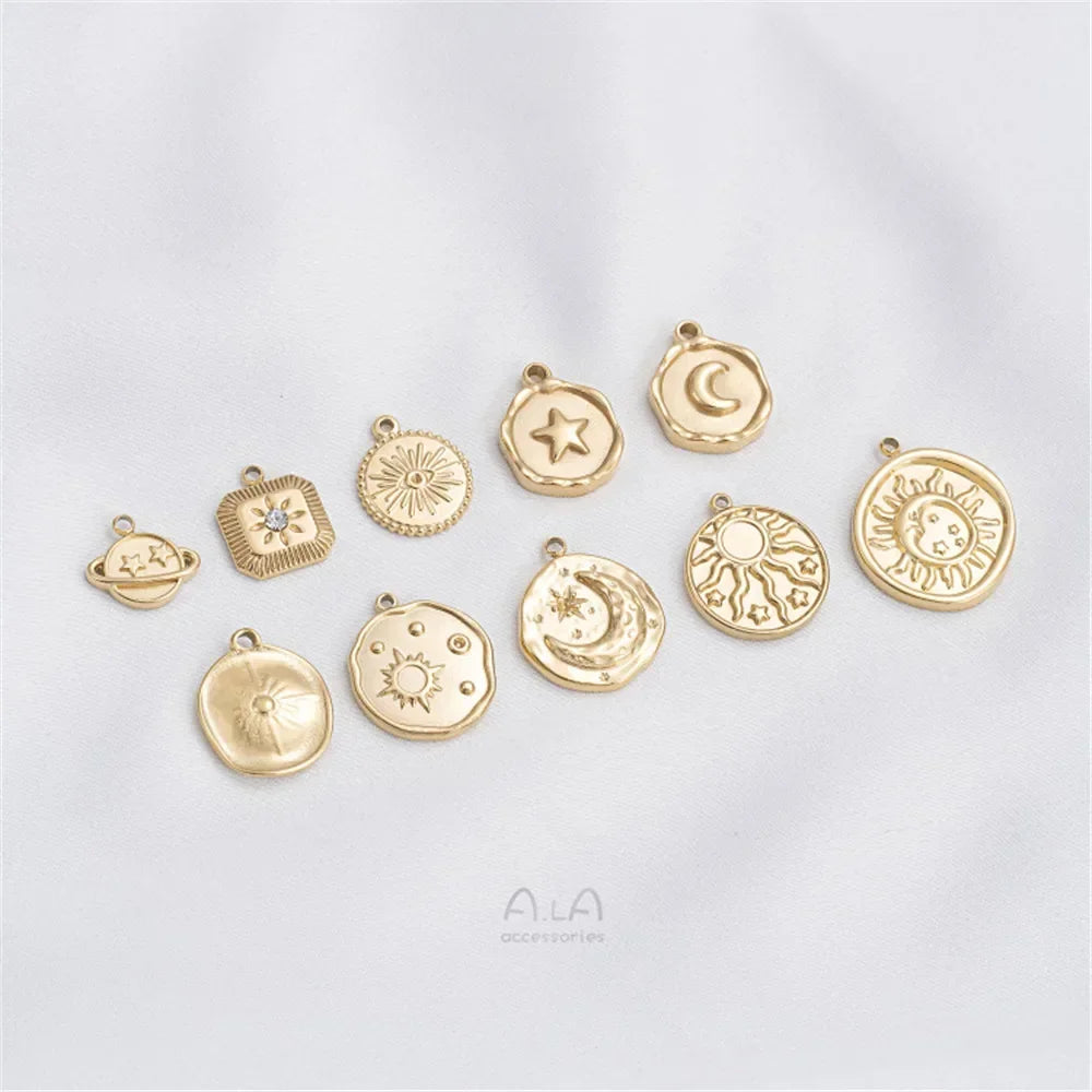 Titanium Steel Vacuum Plated 14K Real Gold Stars Moon Sun Circular Plate Charms Pendant DIY Jewelry Pendant