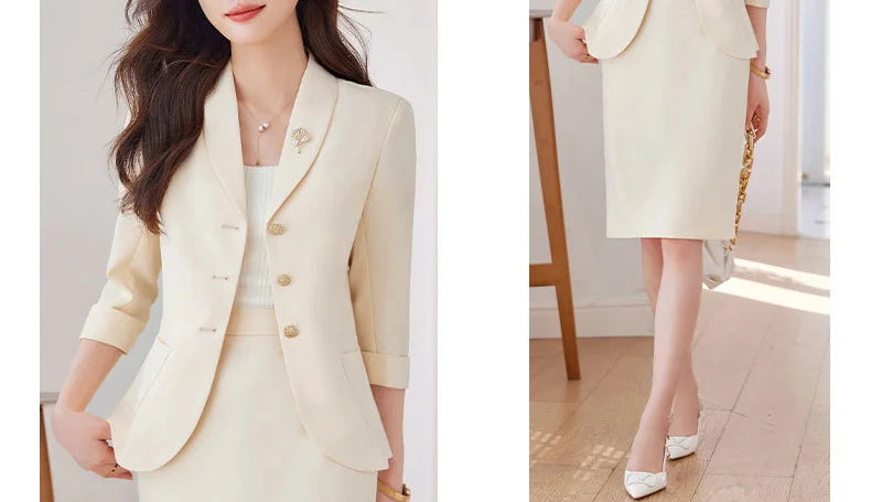 Yitimuceng Elegant Blazer for Women Office Fashion Three Quarters Suits Solid Single Breasted 2025 New All Seasons Skirt Suits