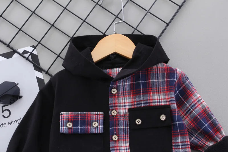 Baby Boy Clothes 0-5 Years Old Spring And Autumn Cotton Suit Boy Letter Plaid Hooded Shirt + Pants Baby Boy Two-Piece Suit