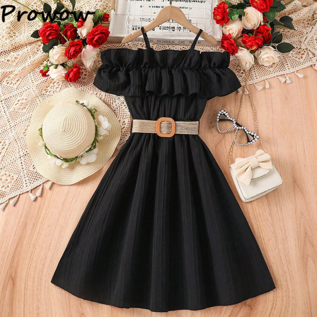 Prowow Girls Party Dresses With Belt 2pcs Trendy Ruffles Off Shoulder Dress For Girls Kids Clothes Teenagers Dresses Girls