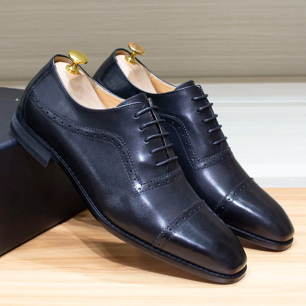 Elegant Men Oxford Shoes Brogue Genuine Leather Black Brown Classic Cap Toe Lace Up Formal Shoes Wedding Office Men Dress Shoes