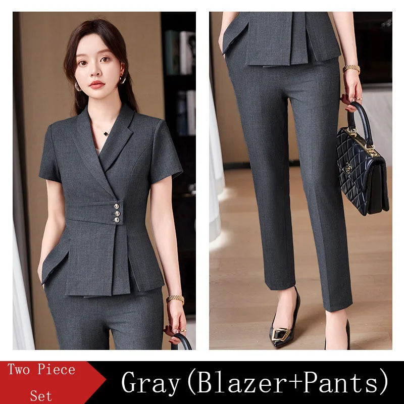 Summer Fabric Professional Women Business Suit with Pants and Jackets Coat Pantsuits Blazers Ladies Work Wear Trousers Set