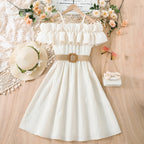Prowow Girls Party Dresses With Belt 2pcs Trendy Ruffles Off Shoulder Dress For Girls Kids Clothes Teenagers Dresses Girls