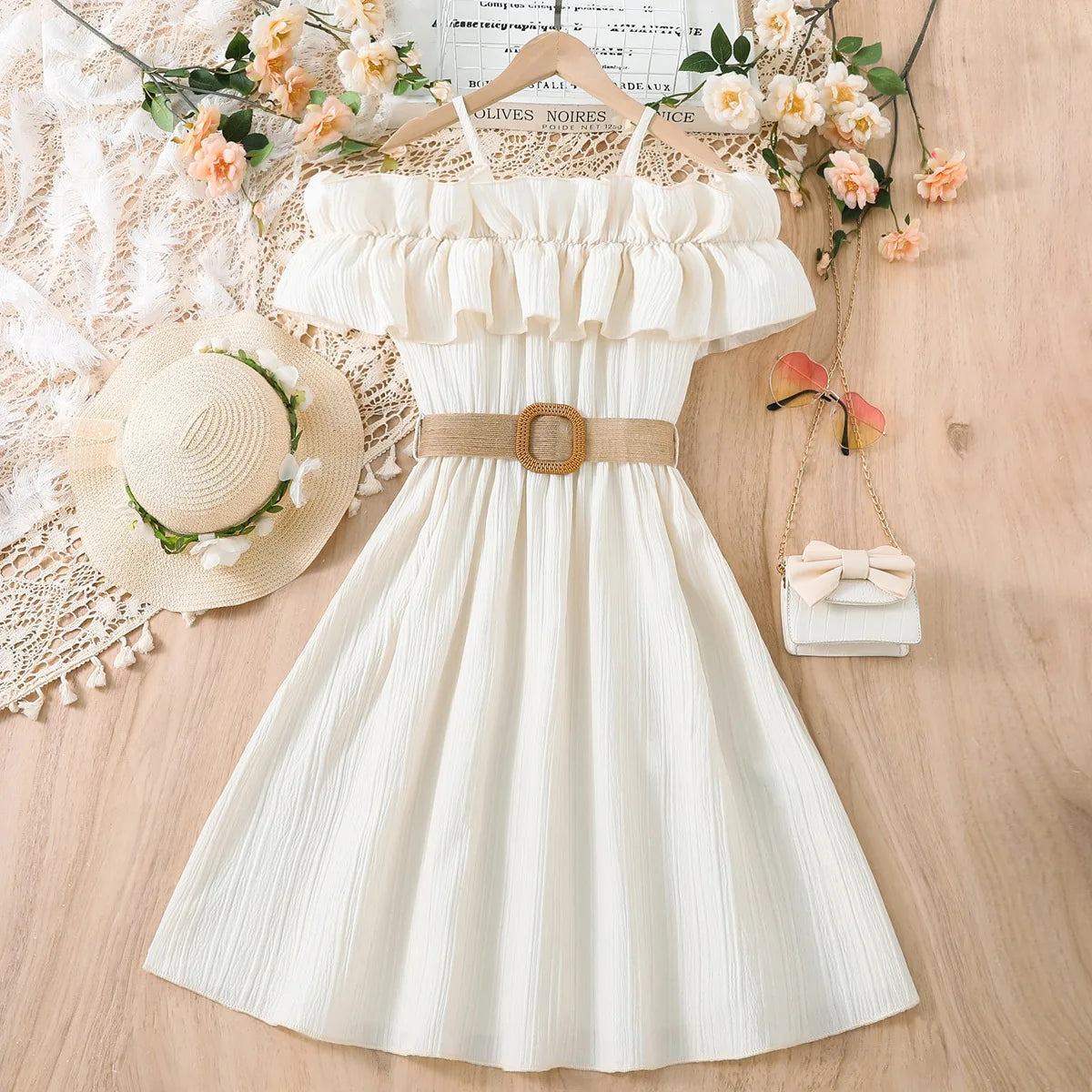 Prowow Girls Party Dresses With Belt 2pcs Trendy Ruffles Off Shoulder Dress For Girls Kids Clothes Teenagers Dresses Girls