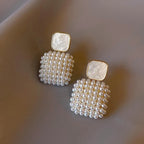 14K Real Gold Plating New Square Full Imitation Pearl Pendant Earrings Elegant Women's Prom Party Earrings
