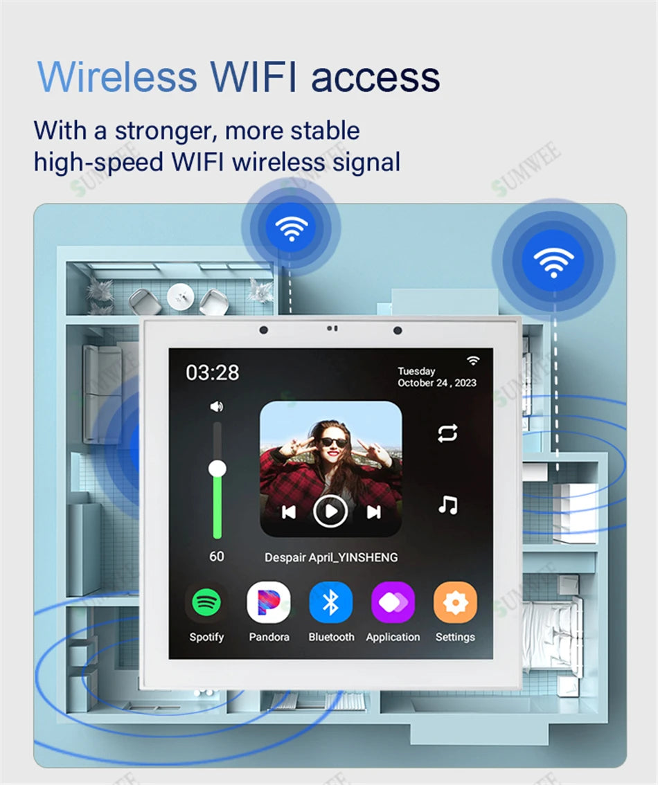 Smart Home Touch Screen 4inch WIFI Android11 bluetooths audio in Wall Amplifier Control Background Music Ceiling Speakers system