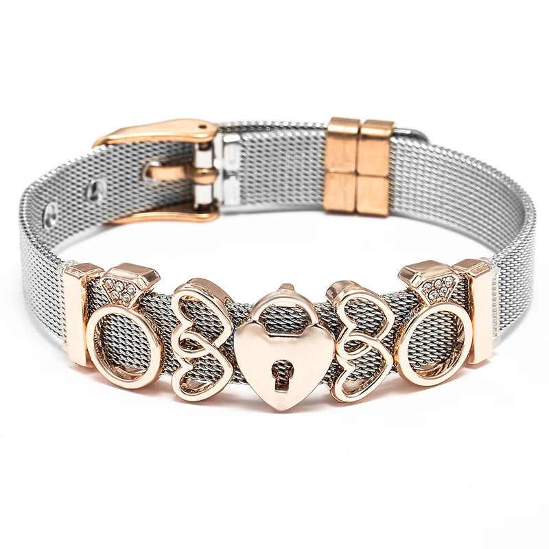 Fashion Stainless Steel For Woman Men Bracelet Mesh Bracelet Set Crystal Heart Anchor Charm Fine Bracelet Bangle Female Lover