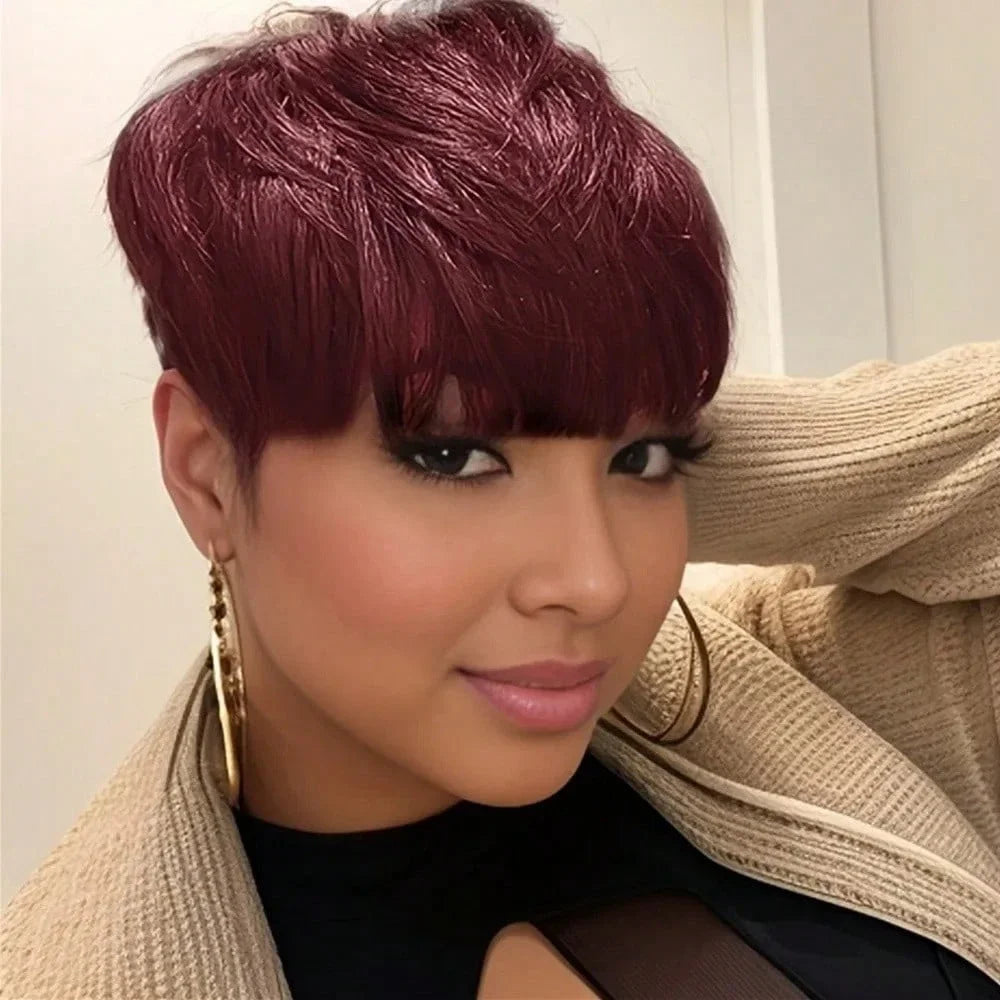 Highlight Wig Human Hair Short Pixie Cut Highlighted Human Hair Wigs for Women 4/27# Colored Machine Made Wigs  Layered Wavy Wig