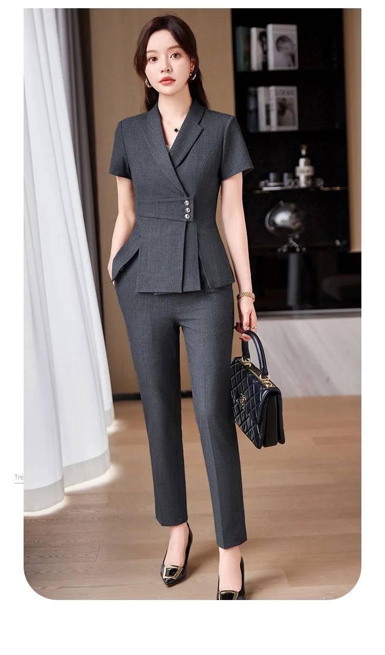 Summer Fabric Professional Women Business Suit with Pants and Jackets Coat Pantsuits Blazers Ladies Work Wear Trousers Set