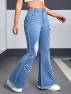 2026 Spring New Arrival Women's Pink Jeans, Blue Heart-Pattern Decorated Stretch Denim Trousers, Fashionable Flared Long Pants.