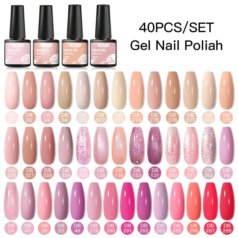 Mtssii 20/40/60Pcs Nail Gel Polish Set Kit Nude Pink Glitter Nail Art UV Gel Manicure Set Vernis Semi Permanent Base Top Coat