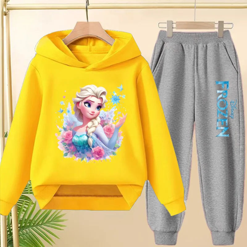 kids Kawaii Elsa Anima Film Pink Hoodies Boys Girls Casual Sweatshirt+Pants 3-12 Years Fashion Top Tracksuit Frozen Set Clothing
