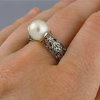 Charm Gift Vintage Carved White Pearl Ring Jewelry Yellow Gold Plated 14K
