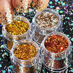Holographic Glitter set 4 different shines Nail Sequins 10 grams each jar Holographic Cosmetic Festival Chunky Glitters Sequins