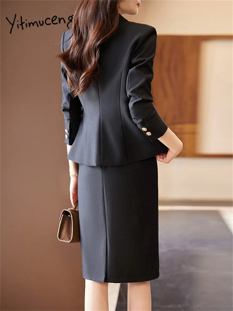 Yitimuceng Solid Suits Set Women 2026 New Fashion Office Ladies Single Button Loose Blazers Slim Elegant Sleeveless Dress Suits