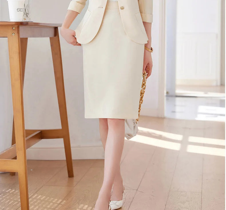 Yitimuceng Elegant Blazer for Women Office Fashion Three Quarters Suits Solid Single Breasted 2025 New All Seasons Skirt Suits