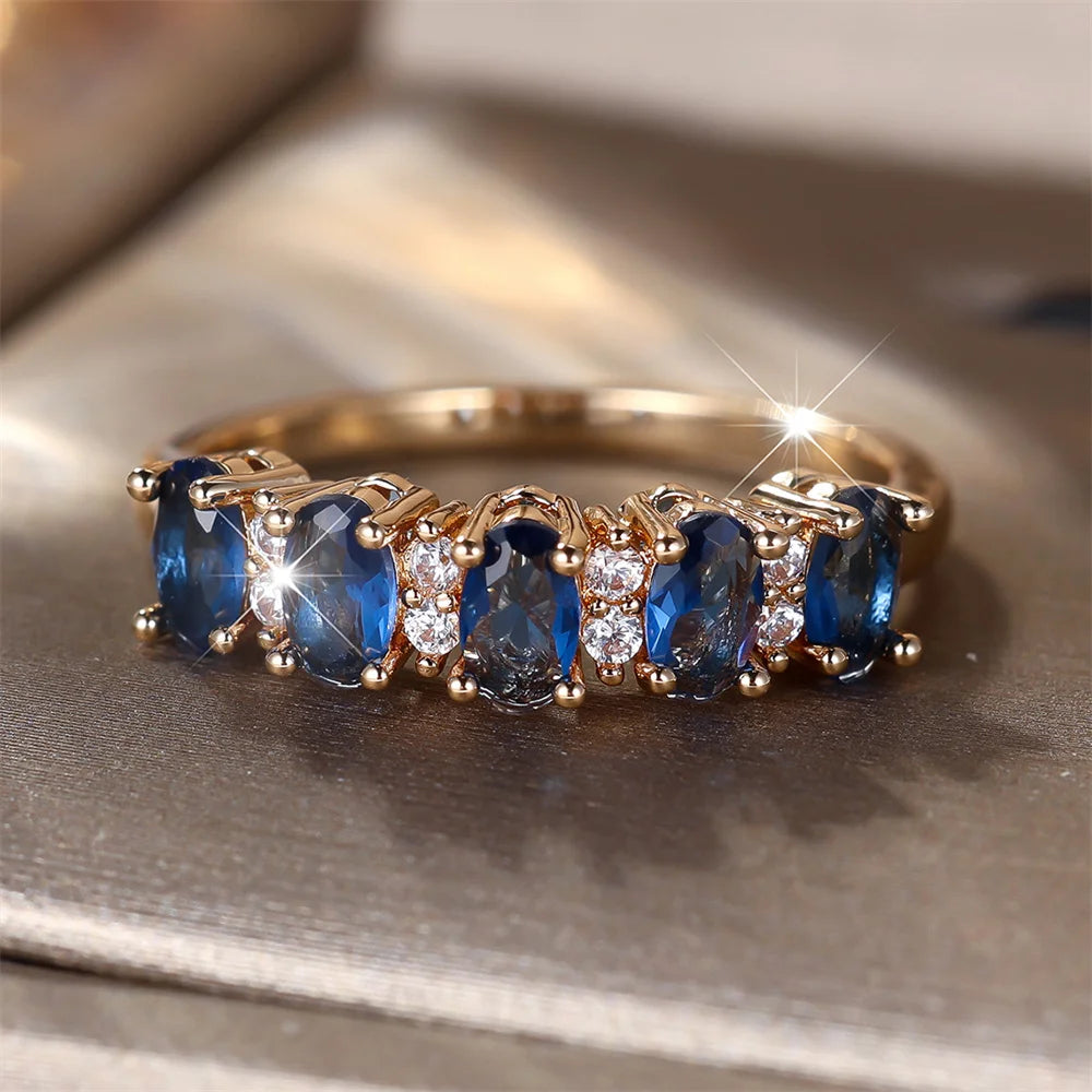 Single Row Blue Crystal Cute Oval Stone Rings For Women Vintage Gold Color Engagement Ring Wedding Jewelry Bridal Birthday Gifts