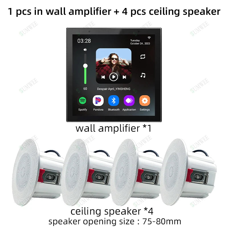 Smart Home Touch Screen 4inch WIFI Android11 bluetooths audio in Wall Amplifier Control Background Music Ceiling Speakers system