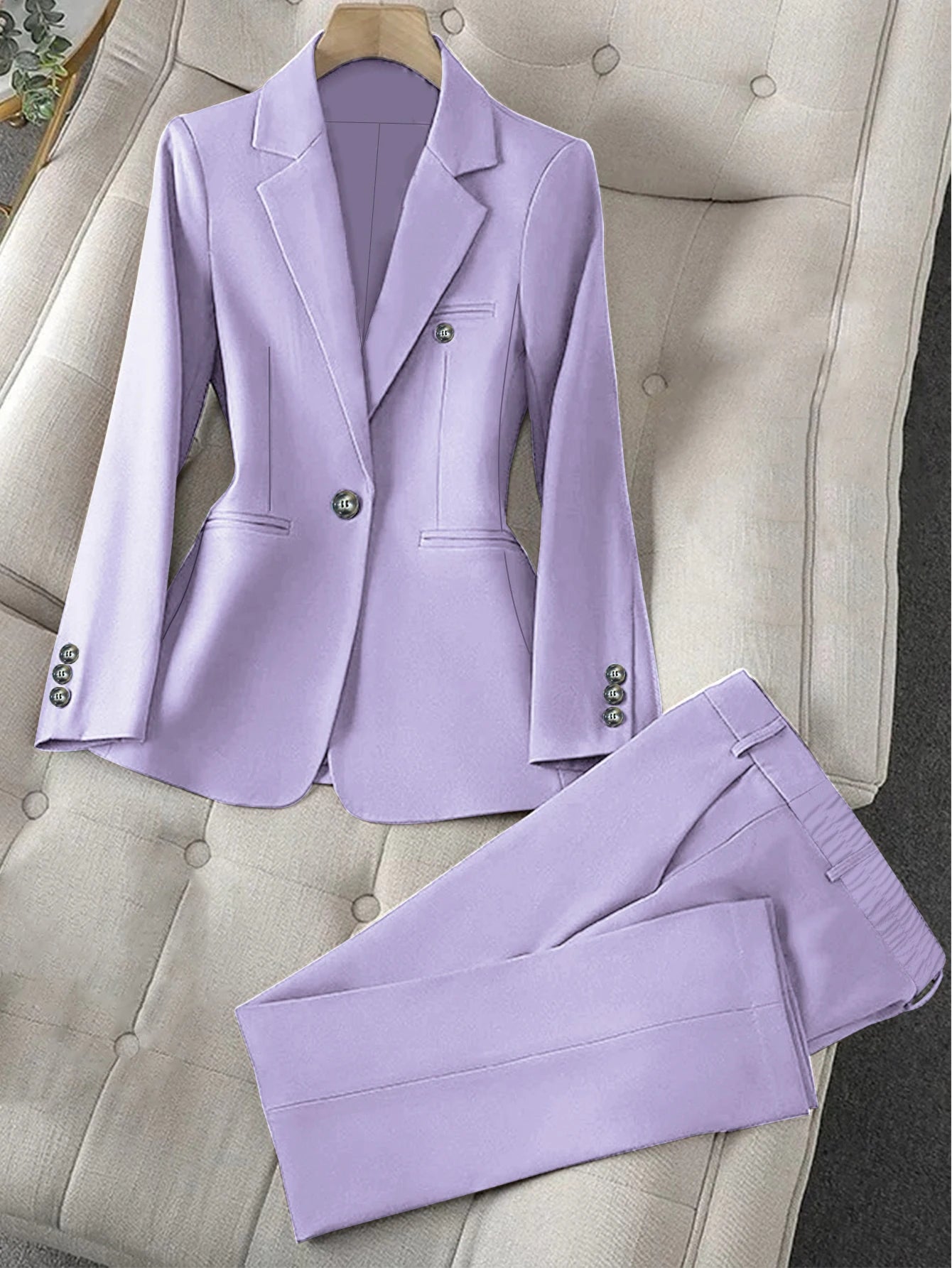 Two-piece suit, solid color single-button long-sleeve single-breasted jacket, tailored trousers workwear commuter ensemble