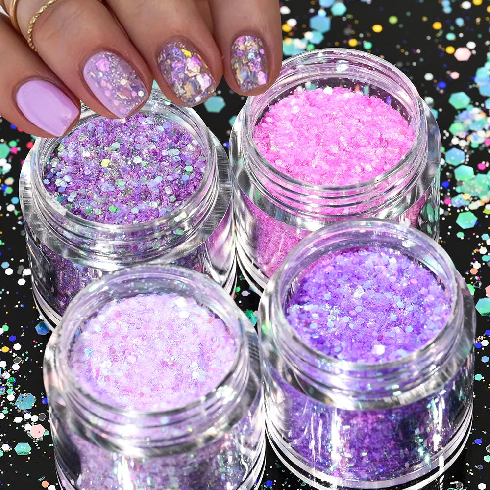 Holographic Glitter set 4 different shines Nail Sequins 10 grams each jar Holographic Cosmetic Festival Chunky Glitters Sequins