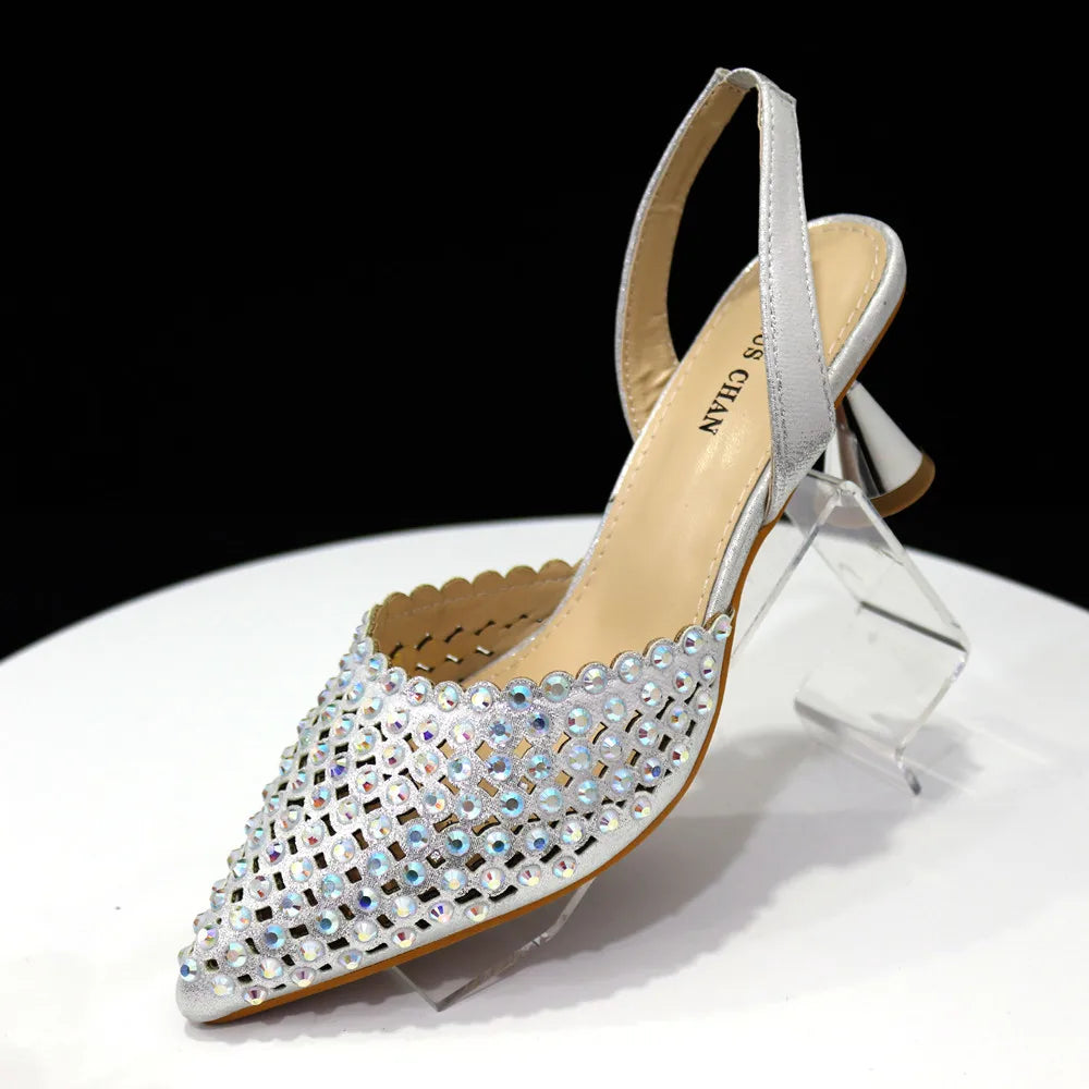 Venus Chan Pointed Toe Heels for Women 2023 Elegant Party Wine Color Full Diamond Pumps Italian Shoes and Bags Matching Set