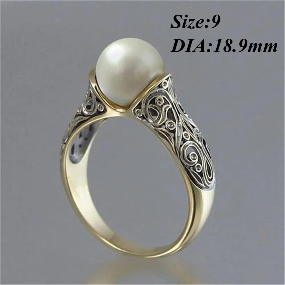 Charm Gift Vintage Carved White Pearl Ring Jewelry Yellow Gold Plated 14K