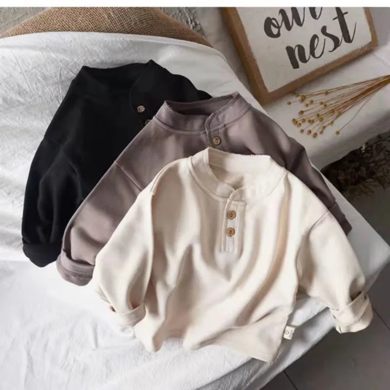Spring  Autumn New Style Childrens Boys Tops Retro Soft Cotton Solid Color Tops Boys T-shirt Girls T-shirts Kids Clothing