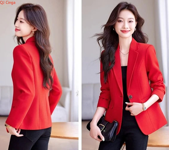 Bright Red Women's Suit Jacket, Stylish Fitted Coat, Black Asian-sized Young Girl Blazers. New 2026