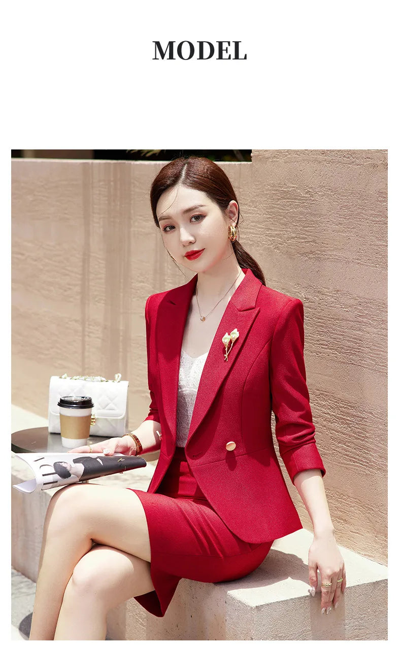 NAVIU Blue Suits Women 2023 New Autumn Professional Long Sleeve Rulffes Slim Blazer And Skirt Sets Office Ladies Work Wear Red