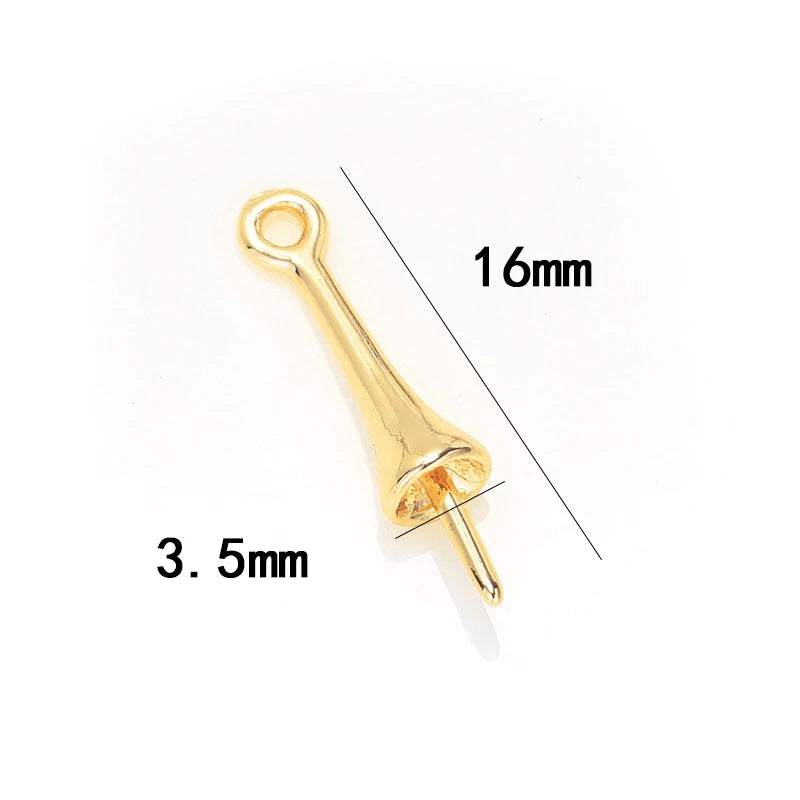 Gold Plated Brass Long Eye Pin Peg Bail with 6mm Bead Cap and Peg Pendant Bail,For Half Drilled Pearls,Earring Jewelry Making