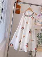 Summer New Arrival: Bohemian-Style Halter Neck Embroidered Dress Floral Embroidered Mesh Layered Sleeveless Dress for Girls Cute